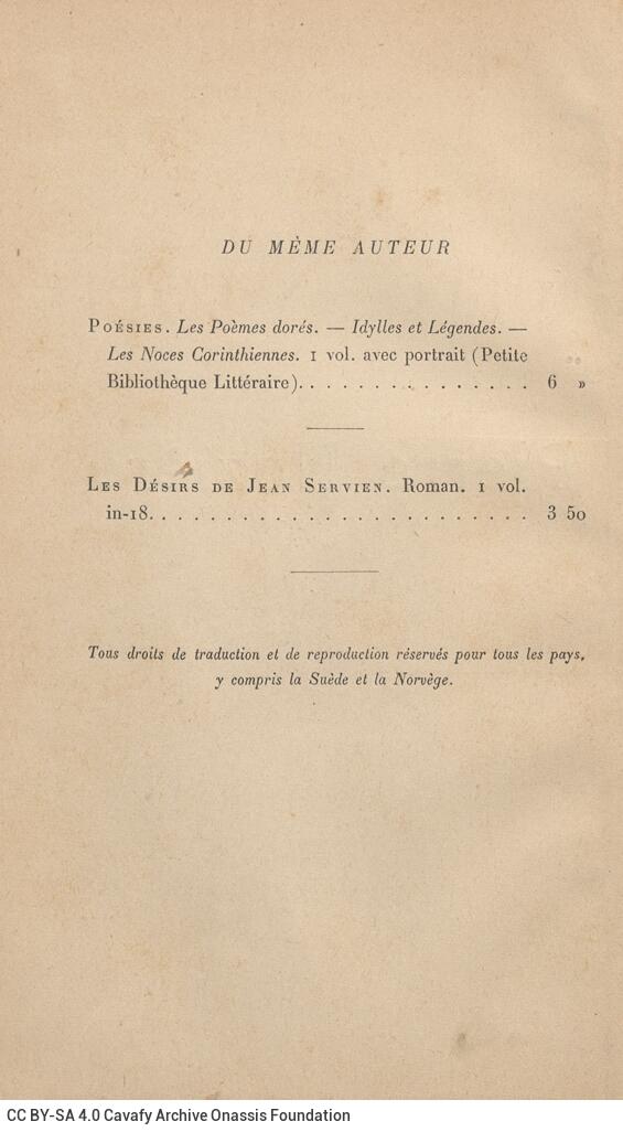 18.5 x 12 cm; 10 s.p. + 326 p. + 8 s.p., l. 2 bookplate CPC on recto, l. 3 half-title page on recto, other works by the same 